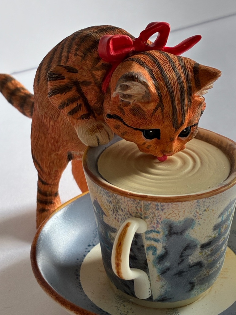 Vintage Orange Tabby Cat Red Bow Figurine with Teacup Drinking Milk